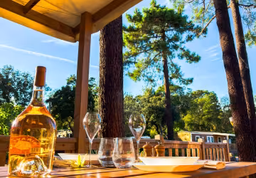 Bouteille de rosé et verres sur une table en terrasse, sous les pins