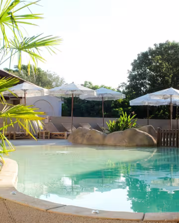Piscine bordée de palmiers et de rochers, transats et parasols au fond