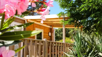 Terrasse en bois d'un chalet, entre lauriers-roses et palmiers